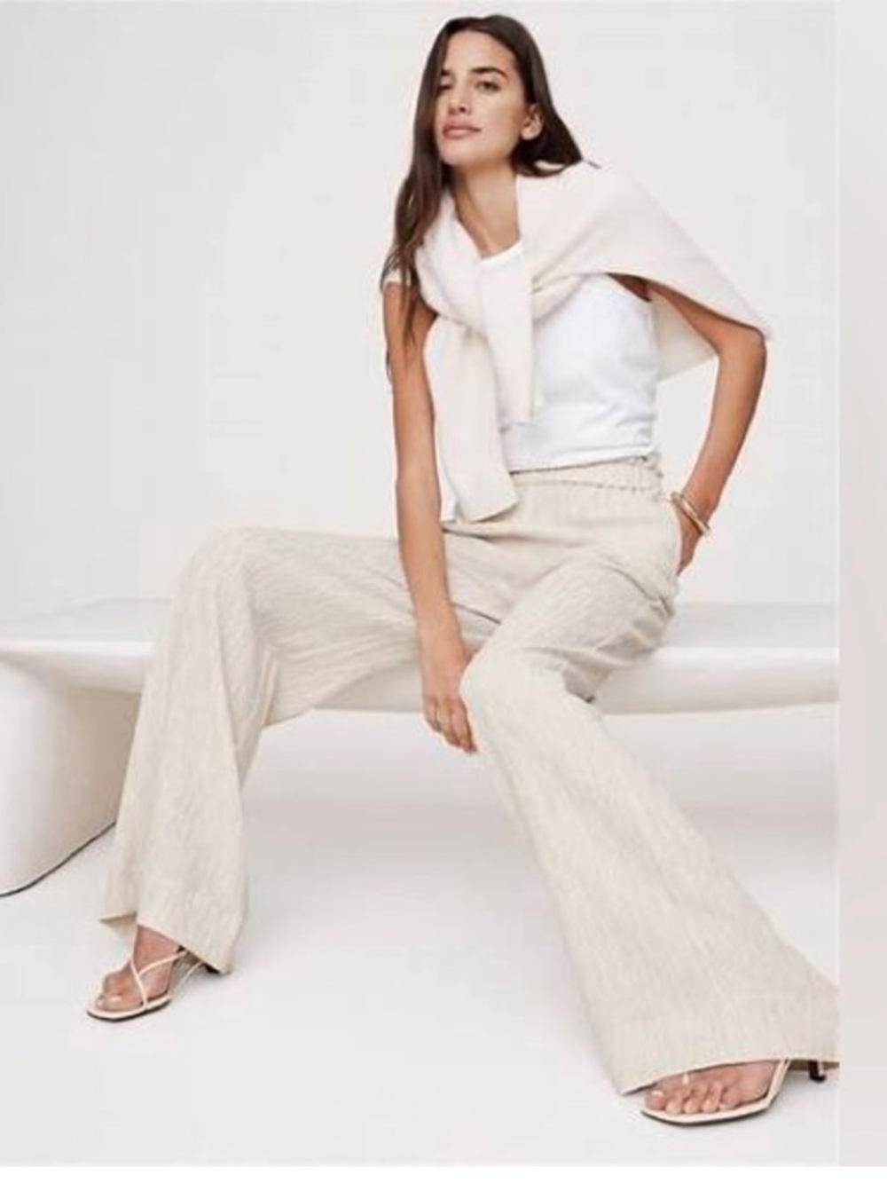 Banana Republic Light Cream Wide-Leg Crinkle Pants